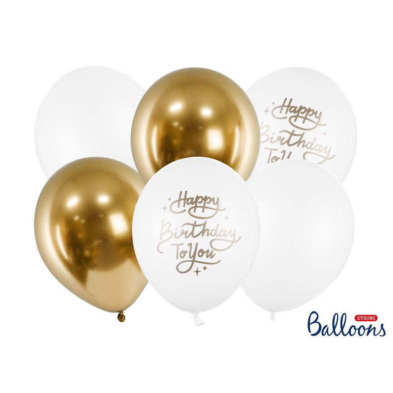 SB14P-305-000-6 Party Deco Set balónov Happy Birthday to you 30cm - bielo-zlaté 6ks 